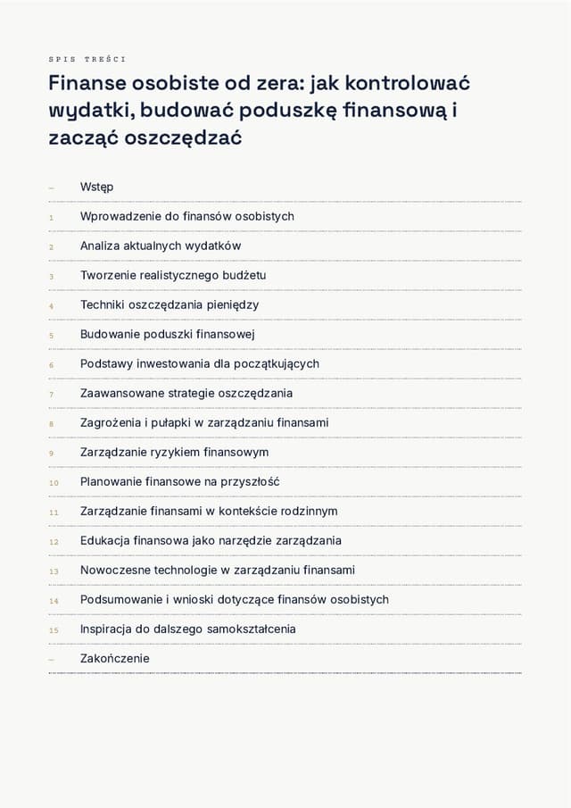Spis treści — Finanse osobiste od zera: jak kontrolować wydatki i budować poduszkę