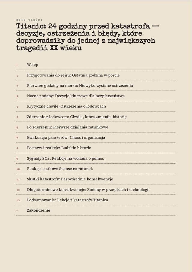 Spis treści — Titanic: 24 godziny przed katastrofą