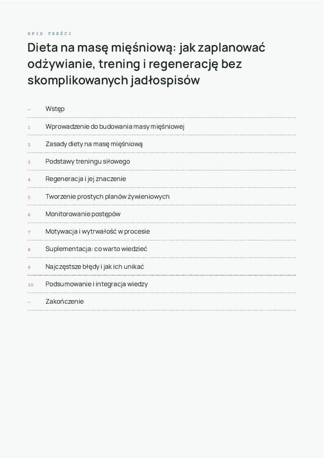 Spis treści — Dieta na masę mięśniową: odżywianie, trening i regeneracja